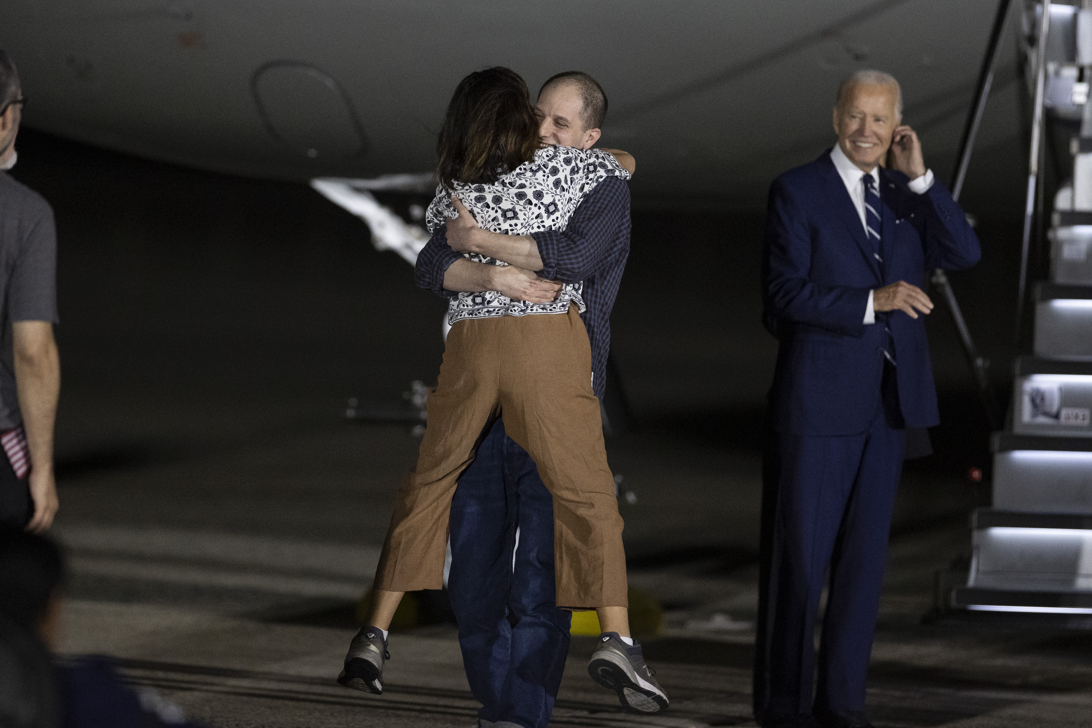 Evan Gershkovich's mother Ella Milman welcomes his son as he has returned to country after Turkiye's National Intelligence Organization (MIT) led a successful prisoner exchange involving seven countries, at the airport in Prince George's County, Maryland, United States on August 1, 2024.