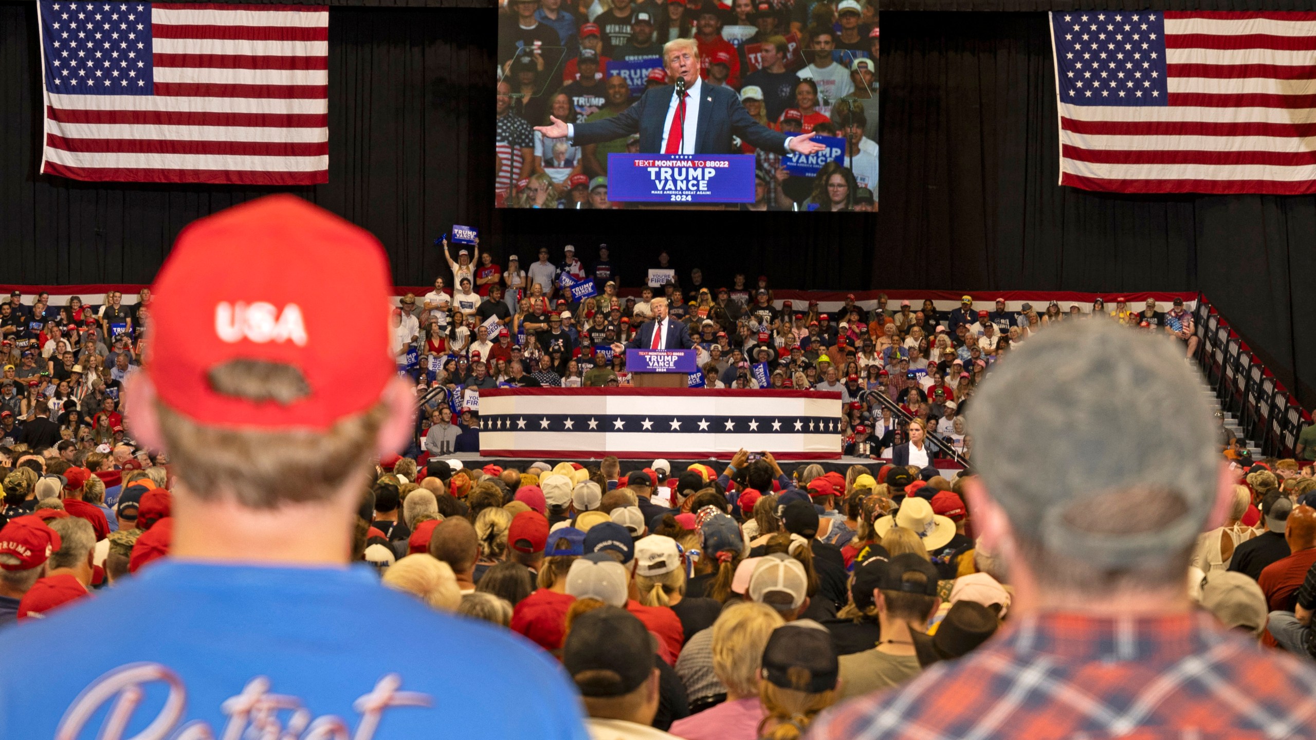 Donald Trump speaks an election campaign rally in Bozeman, Montana.