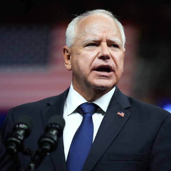 Democratic vice presidential candidate Minnesota Gov. Tim Walz speaks during a campaign rally