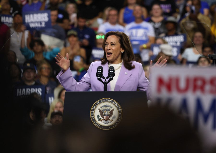 Democratic presidential candidate, U.S. Vice President Kamala Harris speaks during a campaign rally in Las Vegas.