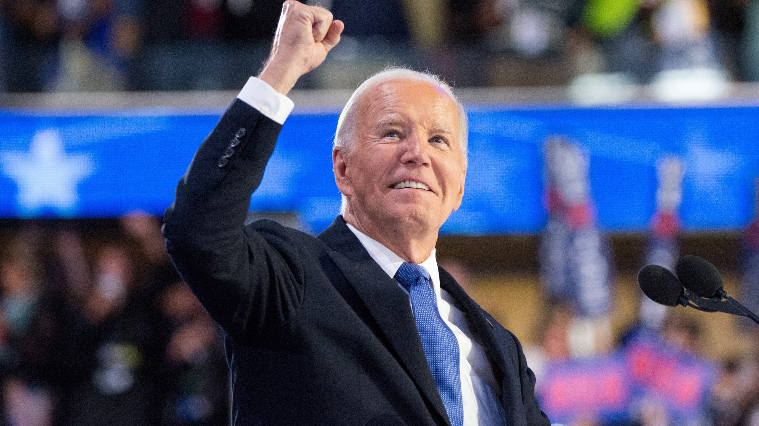 President of the United States Joe Biden greets the crowd during the 2024 Democratic National Convention in Chicago, Illinois, United States on August 19, 2024.