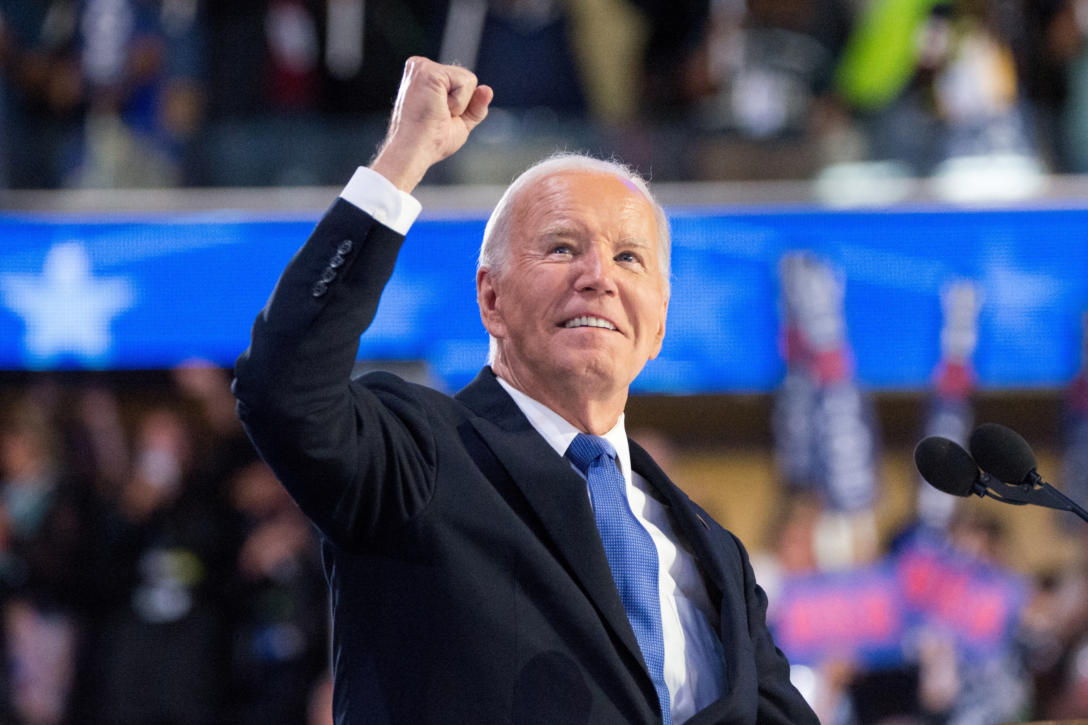 President of the United States Joe Biden greets the crowd during the 2024 Democratic National Convention in Chicago, Illinois, United States on August 19, 2024.