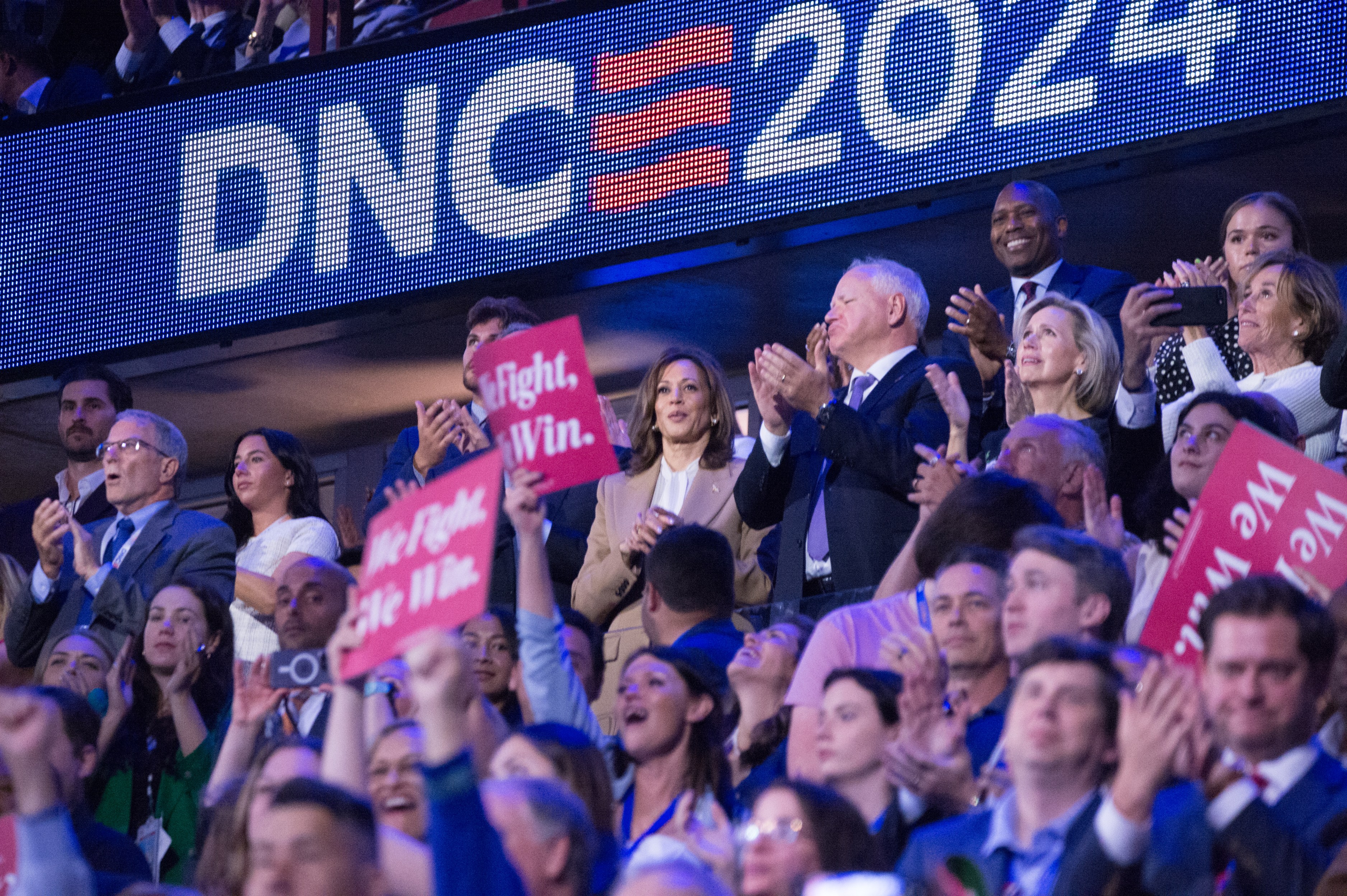 US Vice President Kamala Harris (rear-C) attends the 2024 Democratic National Convention in Chicago, Illinois, United States on August 19, 2024.