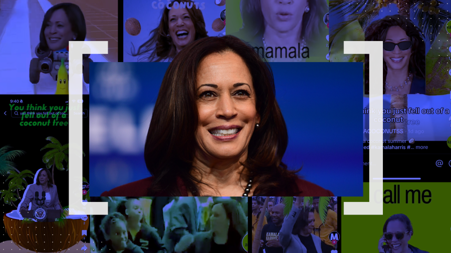 Vice President Kamala Harris surrounded by social media memes