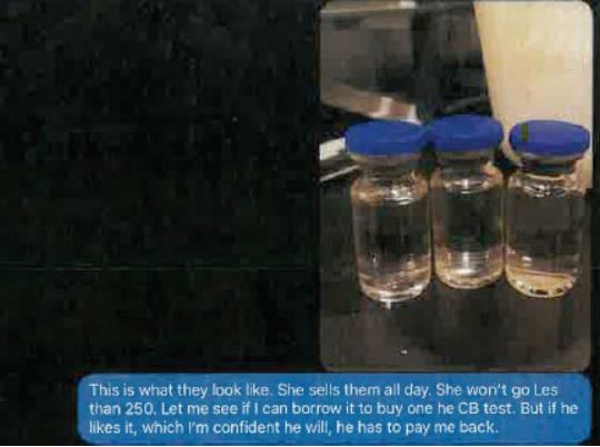 A text message with a photo of vials of ketamine.