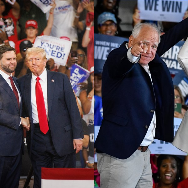 Presidential candidate Donald Trump with his running mate JD Vance (left); presidential candidate Kamala Harris with running mate Tim Walz (right)