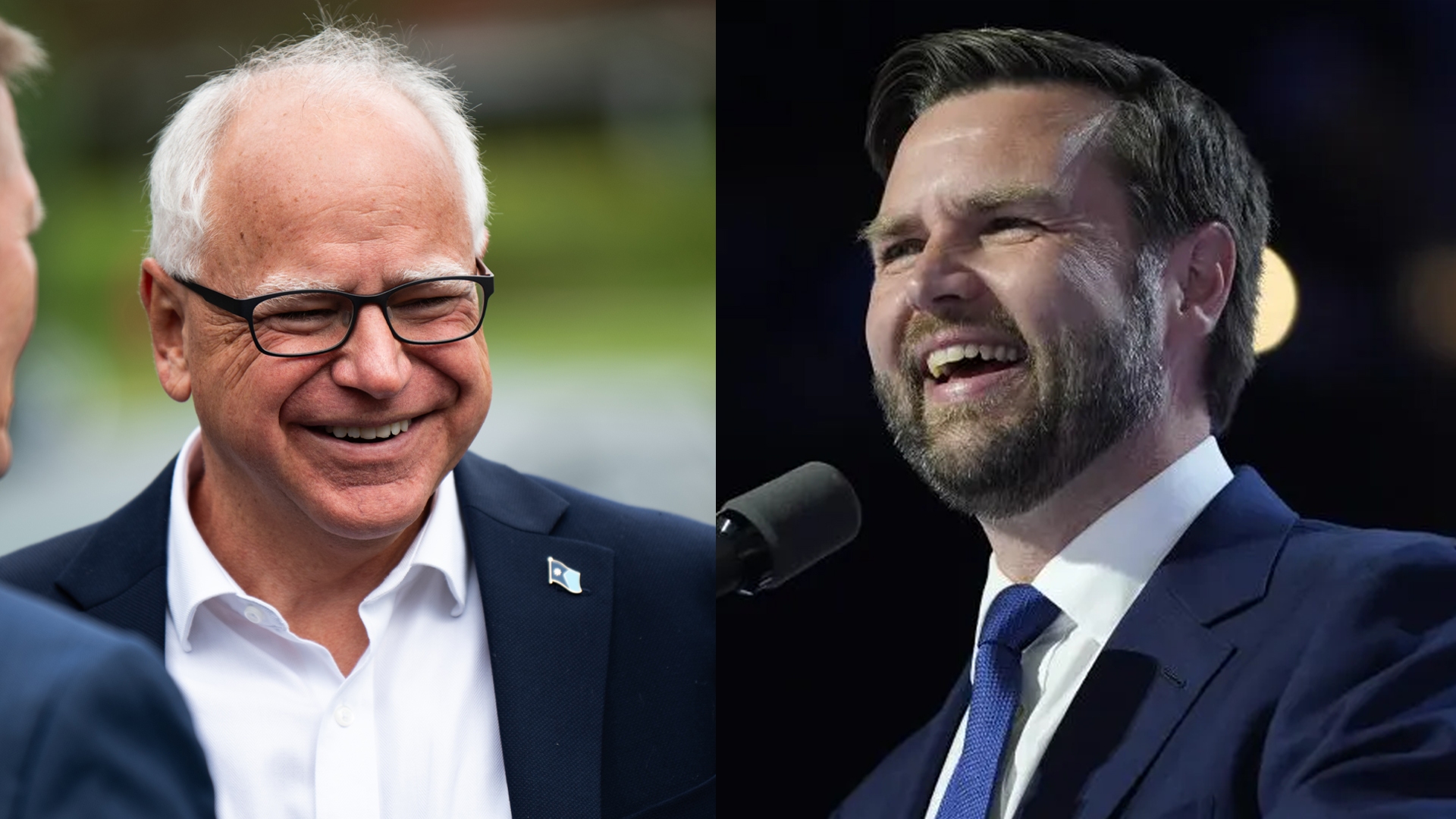 The image shows Minnesota Gov. Tim Walz (left) and Ohio Sen. JD Vance (right).