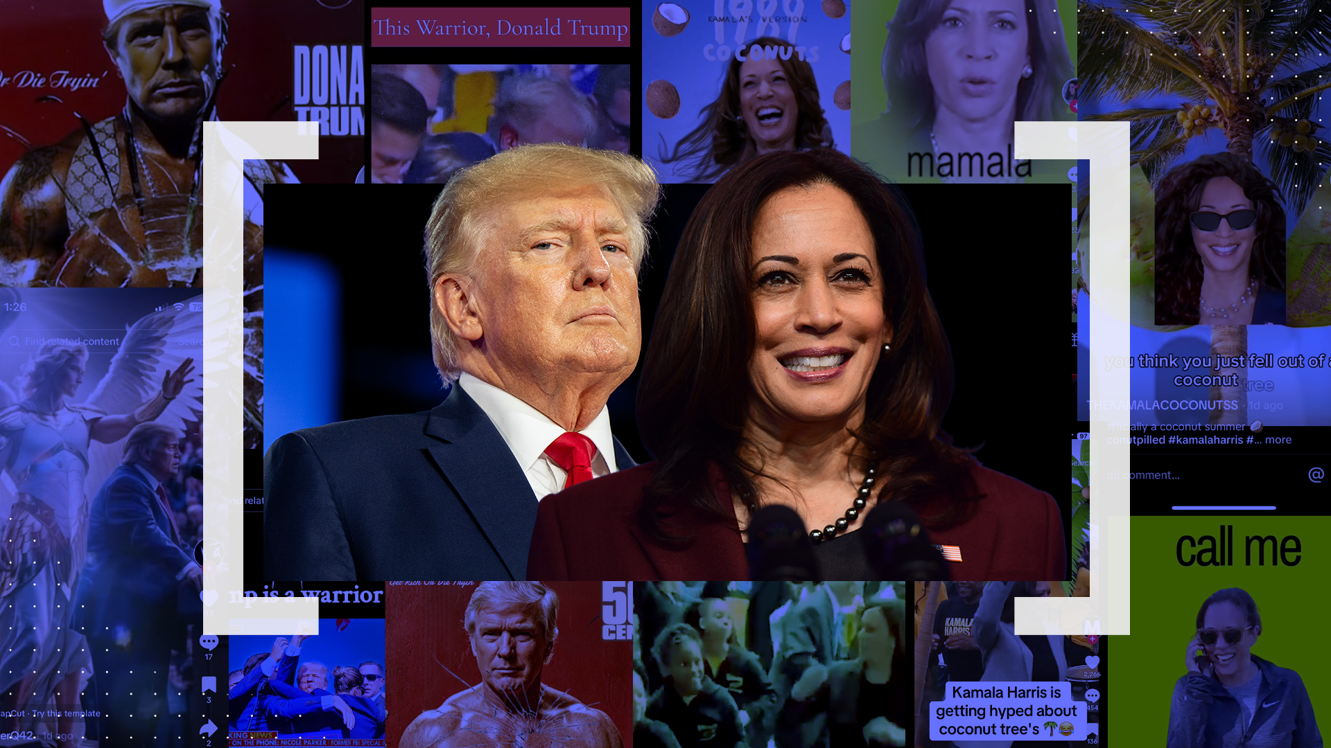 Former President Donald Trump and Vice President Kamala Harris surrounded by social media memes