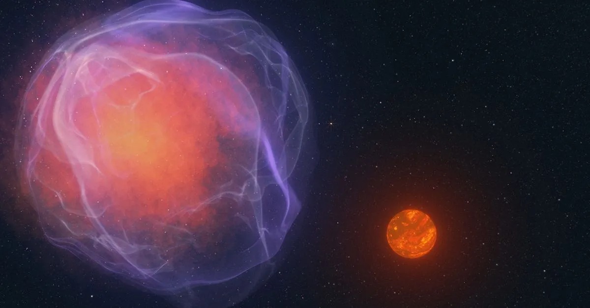 A hypothetical supernova and a star or brown dwarf star as drawn by an artist