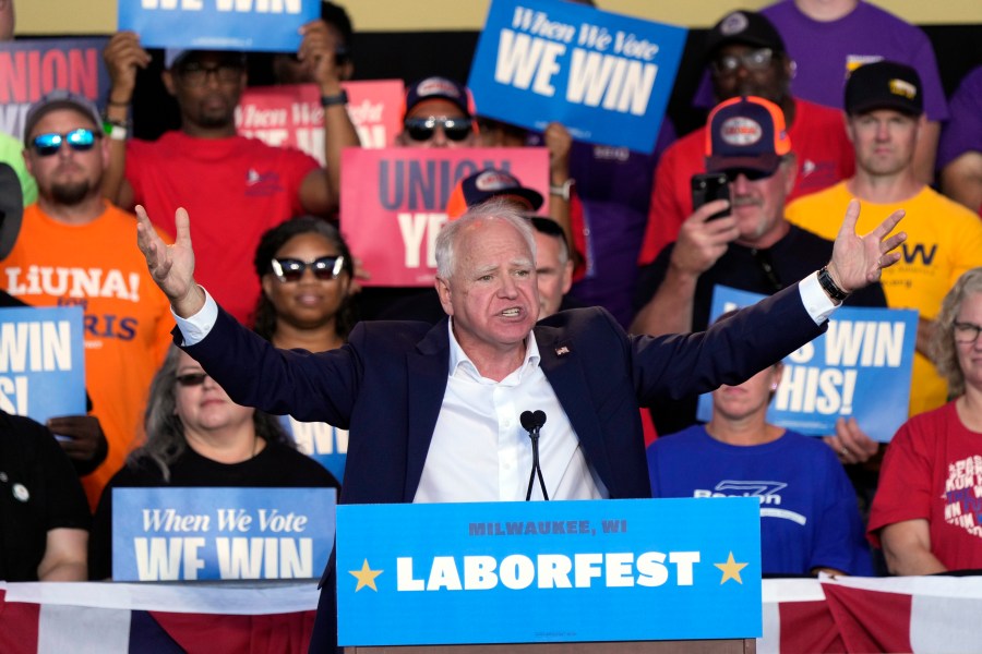 Democratic vice presidential nominee Minnesota Gov. Tim Walz speaks during a campaign stop at Laborfest Monday, Sept. 2, 2024, in Milwaukee. (AP Photo/Morry Gash)