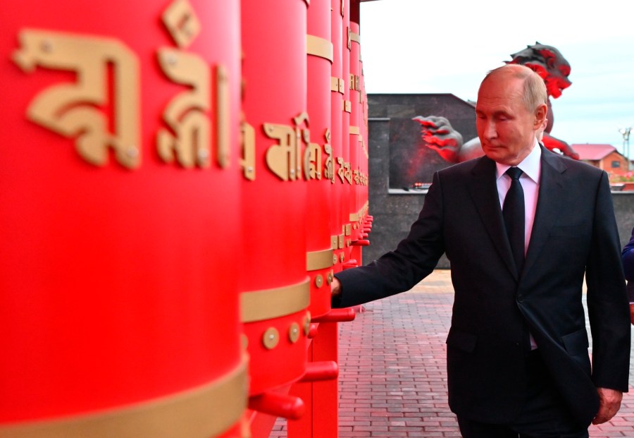 Russian President Vladimir Putin visits Tubten Shedrub Ling datsan in Kyzyl, Republic of Tyva, Russia, Monday, Sept. 2, 2024. (Kristina Kormilitsyna, Sputnik, Kremlin Pool Photo via AP)