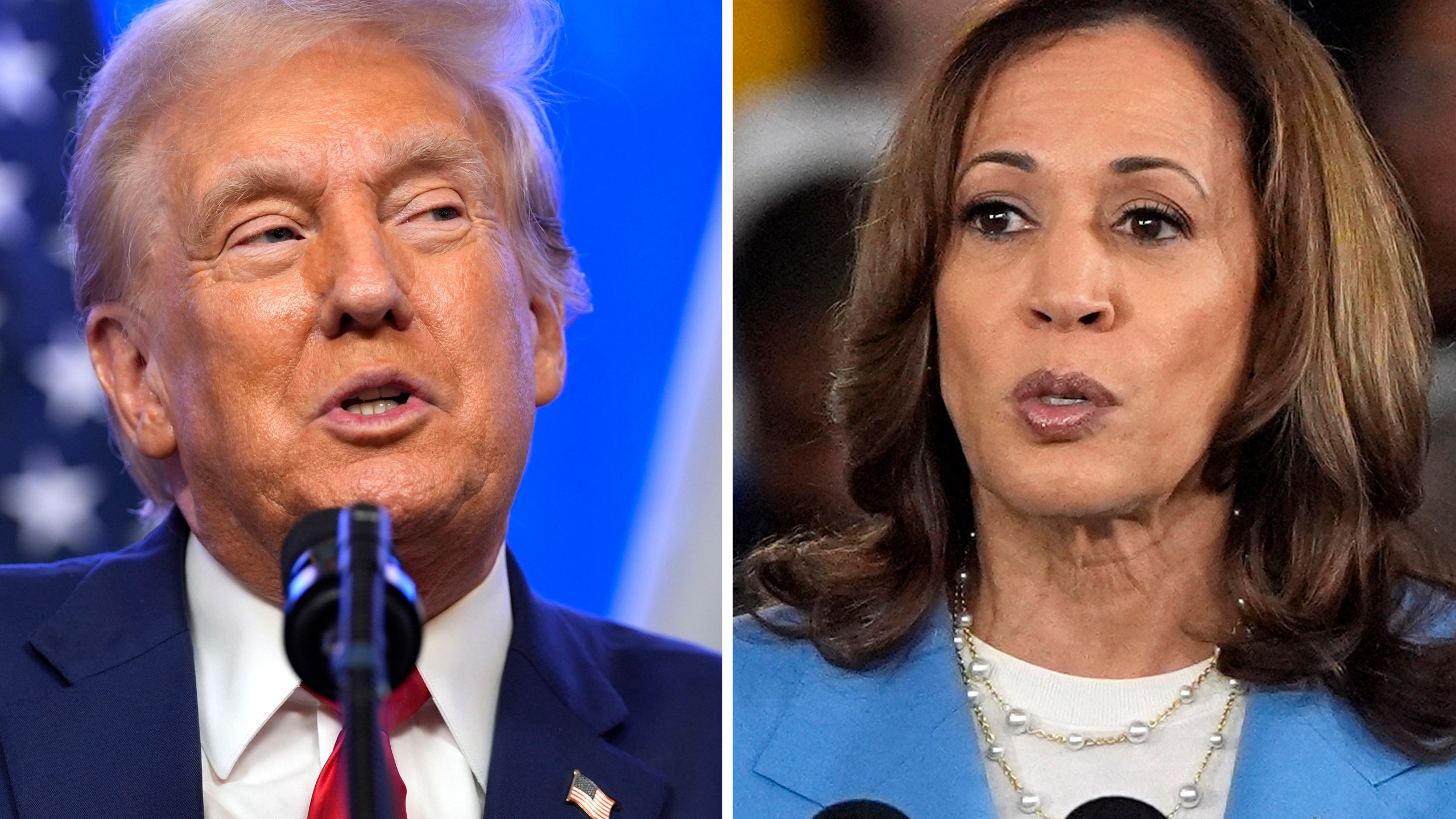 This combination photo shows Republican presidential nominee former President Donald Trump at an event, Aug. 15, 2024, in Bedminster, N.J., left, and Democratic presidential nominee Vice President Kamala Harris at a campaign event in Raleigh, N.C., Aug. 16, 2024. (AP Photo)