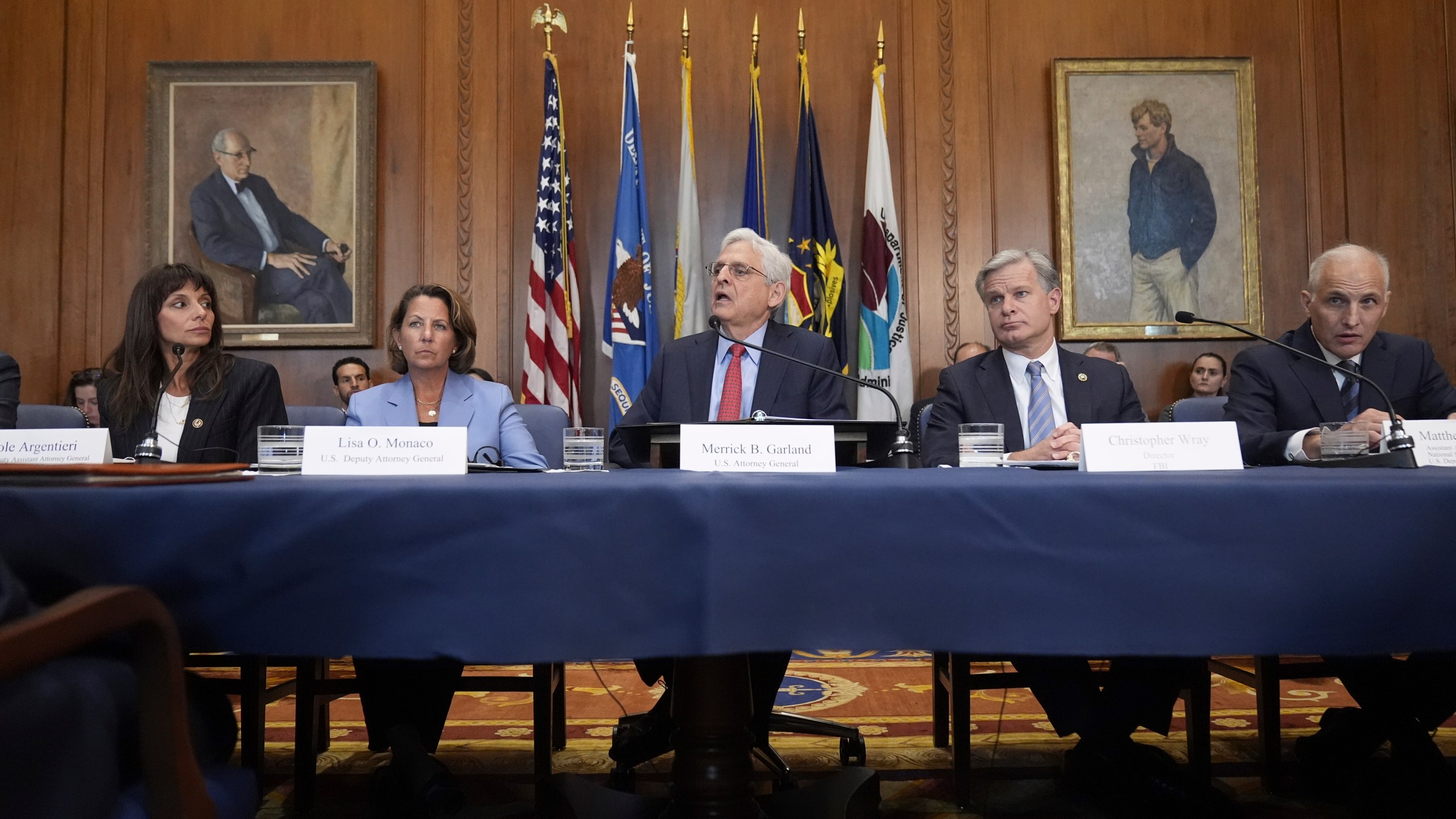 Attorney General Merrick Garland, center, speaks before a meeting of the Justice Department's Election Threats Task Force, at the Department of Justice, Wednesday, Sept. 4, 2024, in Washington, with from left, Deputy Attorney General, Criminal Division, Nicole Argentieri, Deputy Attorney General Lisa Monaco, Garland, FBI Director Christopher Wray and Assistant Attorney General, National Security Division, Matthew Olsen. (AP Photo/Mark Schiefelbein)