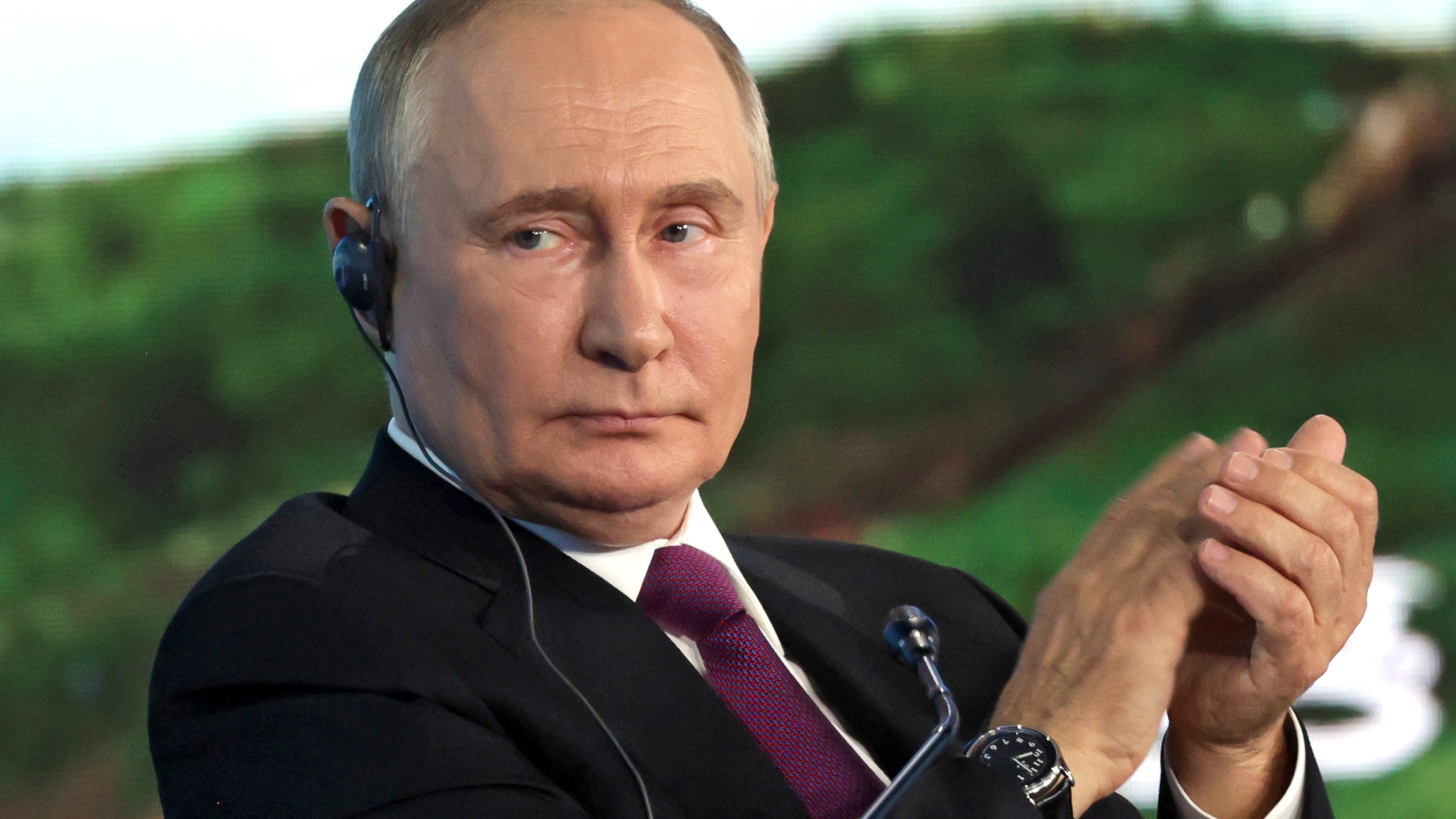 Russian President Vladimir Putin applauds during the plenary session of the Eastern Economic Forum in Vladivostok, Russia, Thursday, Sept. 5, 2024. (Vyacheslav Prokofyev, Sputnik, Kremlin Pool Photo via AP)