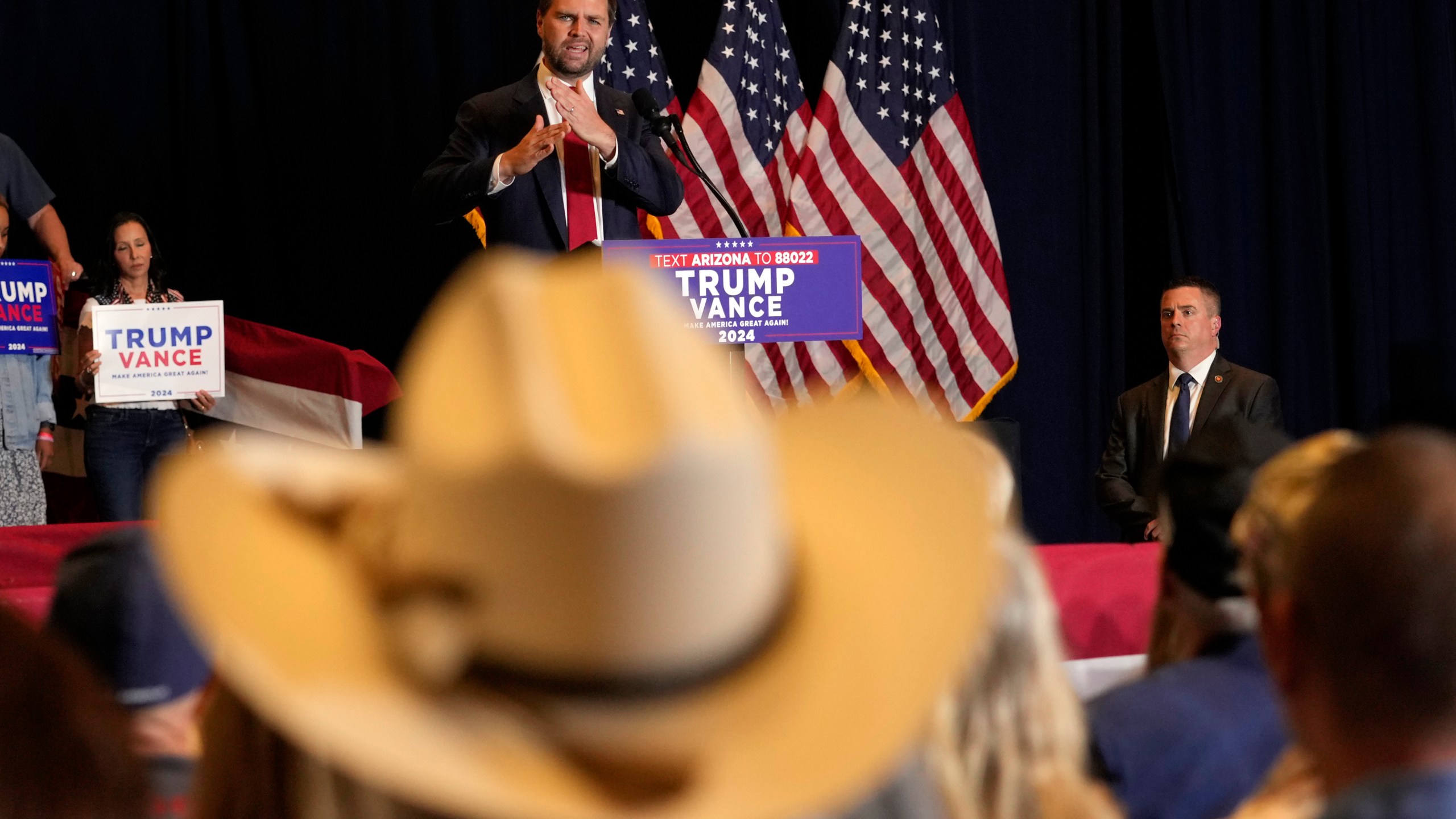 Republican vice presidential nominee Sen. JD Vance, R-Ohio, speaks at a campaign event, Thursday, Sept. 5, 2024, in Phoenix. (AP Photo/Matt York)