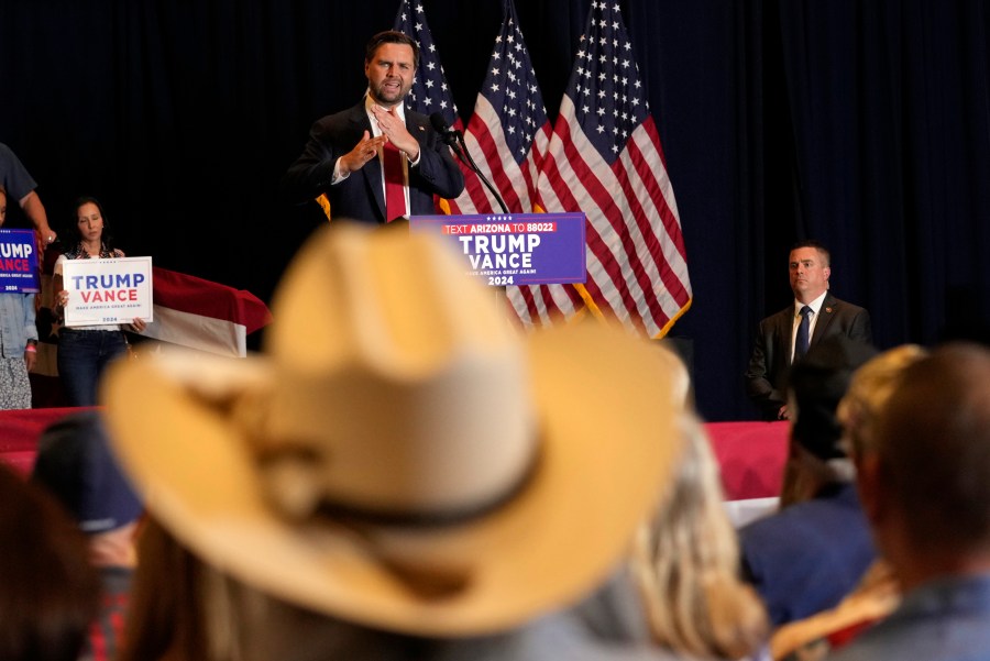 Republican vice presidential nominee Sen. JD Vance, R-Ohio, speaks at a campaign event, Thursday, Sept. 5, 2024, in Phoenix. (AP Photo/Matt York)