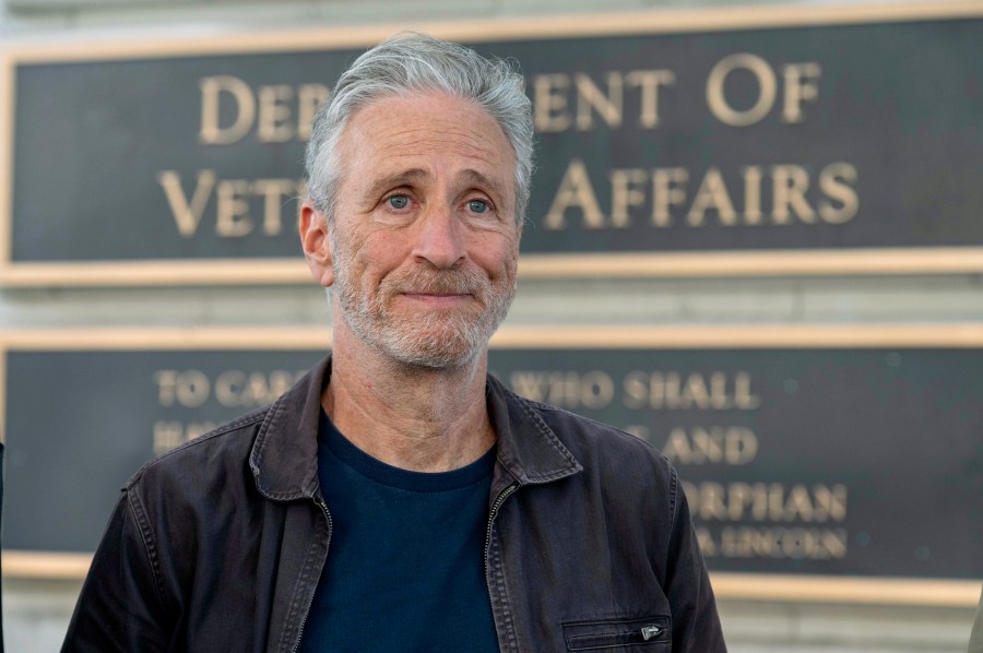 FILE - Jon Stewart takes part in an interview outside the Department of Veterans Affairs, July 26, 2024 in Washington. (AP Photo/Kevin Wolf, File)