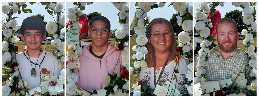 This combo of images show shooting victims, from left, Christian Angulo, Mason Schermerhorn, Cristina Irimie and Richard Aspinwall, displayed at a memorial outside Apalachee High School, Tuesday, Sept. 10, 2024, in Winder, Ga. (AP Photo/Charlotte Kramon)