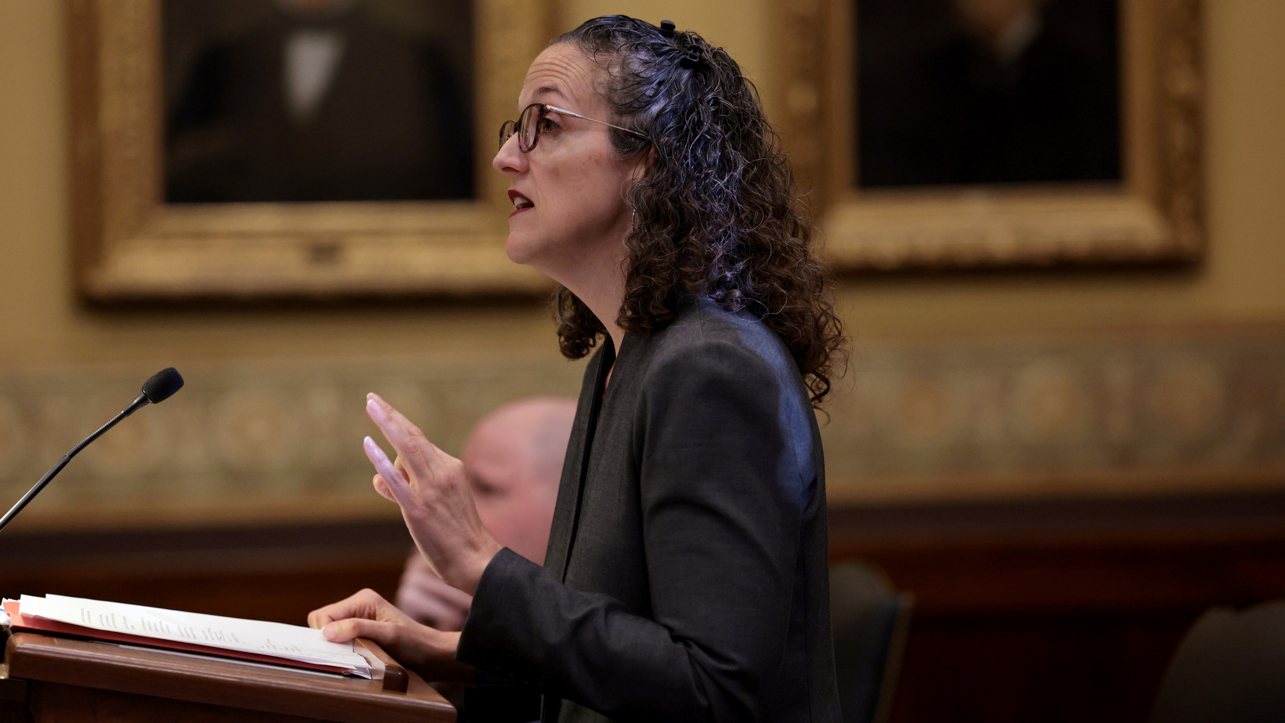 Mary Catherine Martin of the conservative Thomas More Society argues before the Missouri Supreme Court that an amendment to overturn the state's abortion ban should be removed from the state's November ballot, Sept. 10, 2024, in Jefferson City. (Robert Cohen/St. Louis Post-Dispatch via AP, Pool)