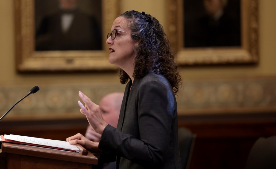 Mary Catherine Martin of the conservative Thomas More Society argues before the Missouri Supreme Court that an amendment to overturn the state's abortion ban should be removed from the state's November ballot, Sept. 10, 2024, in Jefferson City. (Robert Cohen/St. Louis Post-Dispatch via AP, Pool)