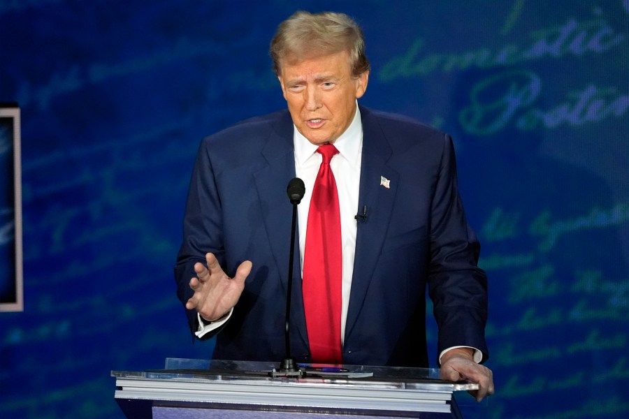 Republican presidential nominee former President Donald Trump speaks during a presidential debate with Democratic presidential nominee Vice President Kamala Harris at the National Constitution Center, Tuesday, Sept.10, 2024, in Philadelphia. (AP Photo/Alex Brandon)