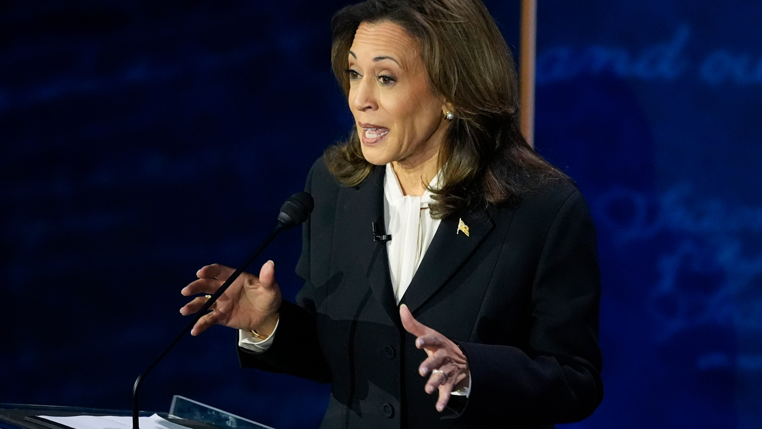 Democratic presidential nominee Vice President Kamala Harris speaks during a presidential debate with Republican presidential nominee former President Donald Trump at the National Constitution Center, Tuesday, Sept.10, 2024, in Philadelphia. (AP Photo/Alex Brandon)