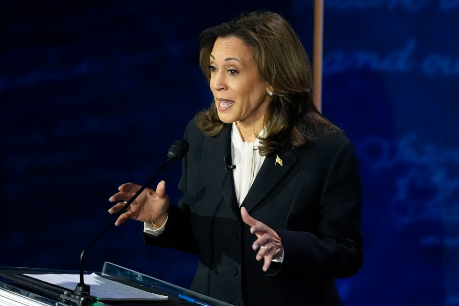 Democratic presidential nominee Vice President Kamala Harris speaks during a presidential debate with Republican presidential nominee former President Donald Trump at the National Constitution Center, Tuesday, Sept.10, 2024, in Philadelphia. (AP Photo/Alex Brandon)