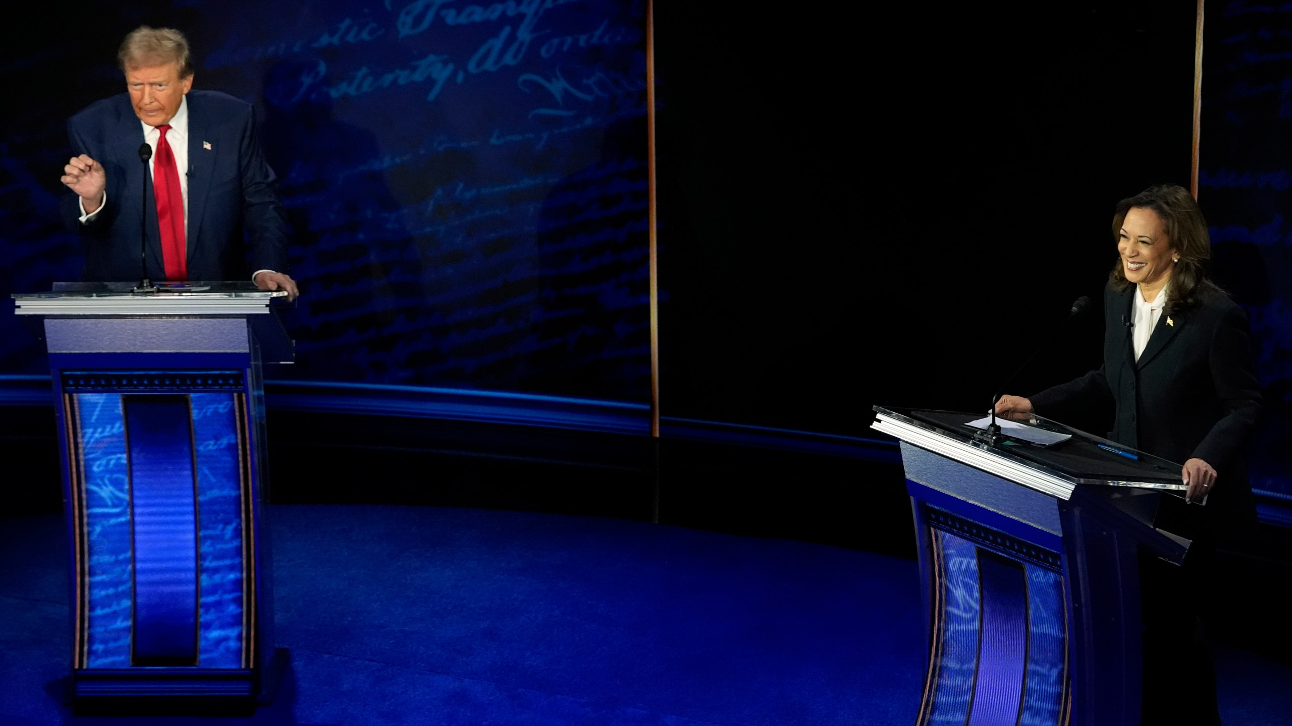 Republican presidential nominee former President Donald Trump and Democratic presidential nominee Vice President Kamala Harris participate during an ABC News presidential debate at the National Constitution Center, Tuesday, Sept.10, 2024, in Philadelphia. (AP Photo/Alex Brandon)