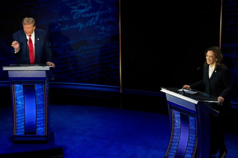 Republican presidential nominee former President Donald Trump and Democratic presidential nominee Vice President Kamala Harris participate during an ABC News presidential debate at the National Constitution Center, Tuesday, Sept.10, 2024, in Philadelphia. (AP Photo/Alex Brandon)