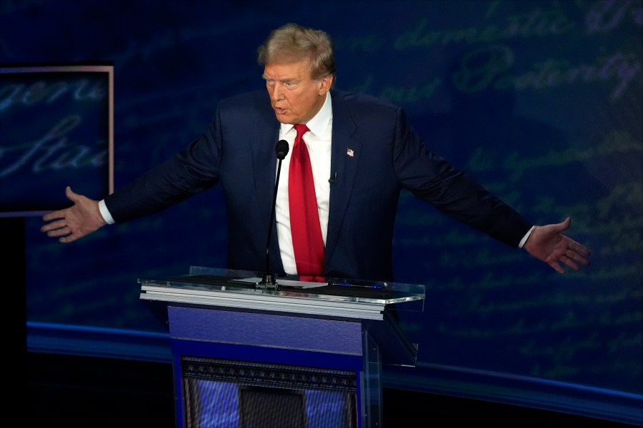 Republican presidential nominee former President Donald Trump speaks during a presidential debate with Democratic presidential nominee Vice President Kamala Harris at the National Constitution Center, Tuesday, Sept.10, 2024, in Philadelphia. (AP Photo/Alex Brandon)