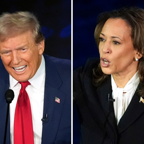 This combination of photos shows Republican presidential nominee former President Donald Trump, left, and Democratic presidential nominee Vice President Kamala Harris during an ABC News presidential debate at the National Constitution Center, Tuesday, Sept. 10, 2024, in Philadelphia. (AP Photo/Alex Brandon)