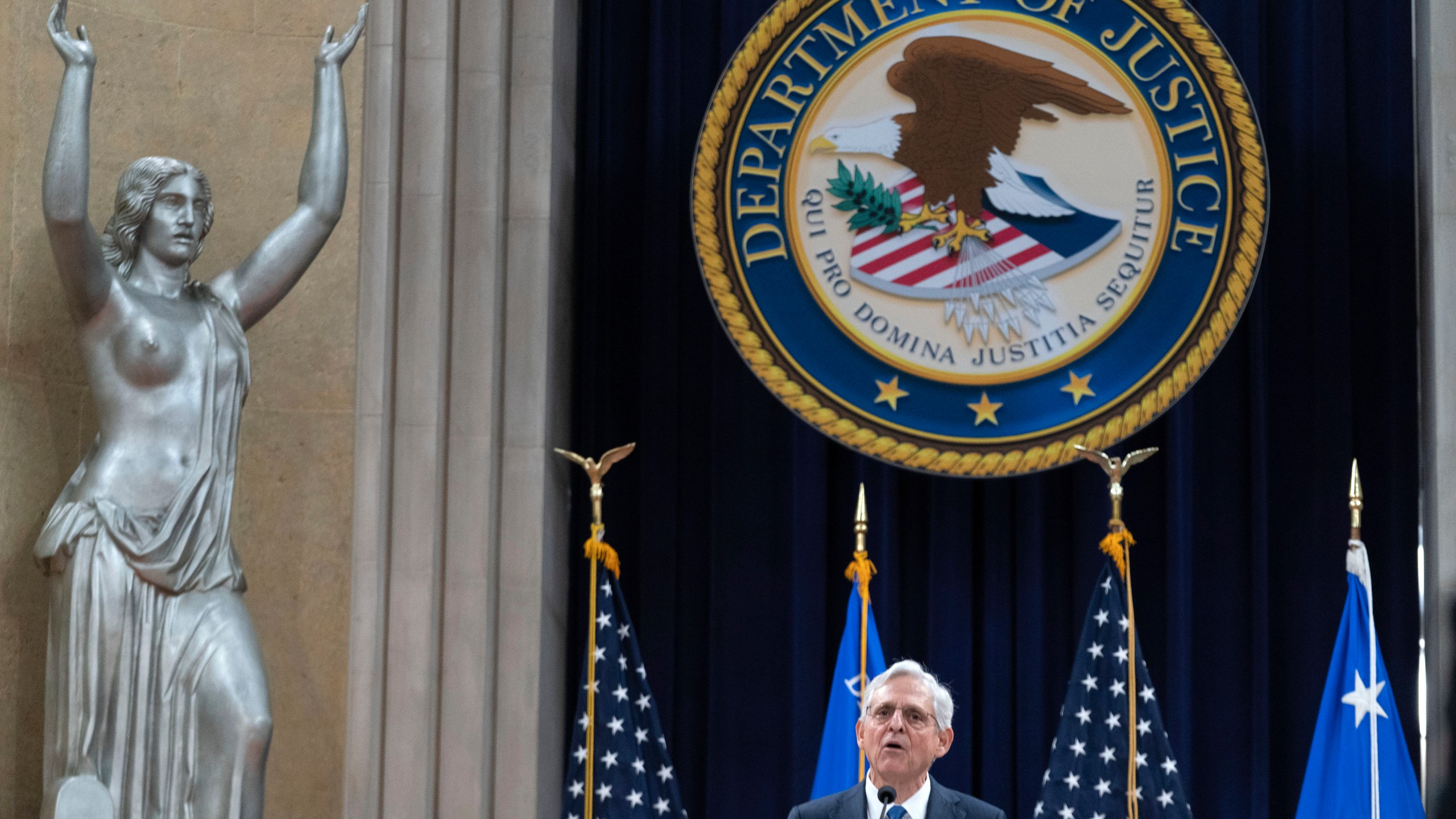 Attorney General Merrick Garland speaks to the U.S. Attorneys who have gathered for their annual conference at the Department of Justice headquarters in Washington, Thursday, Sept. 12, 2024. (AP Photo/Jose Luis Magana)