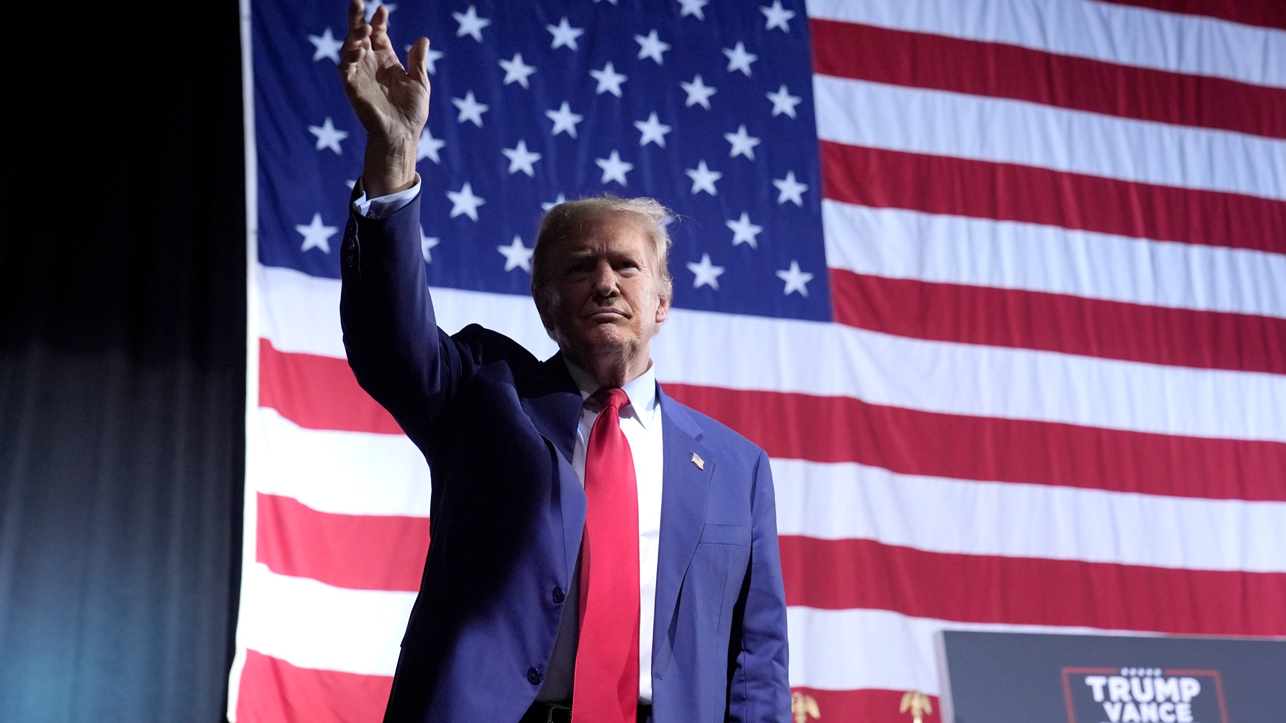 Republican presidential nominee former President Donald Trump departs after speaking at a campaign event at the Linda Ronstadt Music Hall, Thursday, Sept.12, 2024, in Tucson, Ariz. (AP Photo/Alex Brandon)