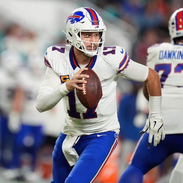 Buffalo Bills quarterback Josh Allen (17) looks to pass the ball during the first half of an NFL football game against the Miami Dolphins, Thursday, Sept. 12, 2024, in Miami Gardens, Fla. (AP Photo/Rebecca Blackwell)