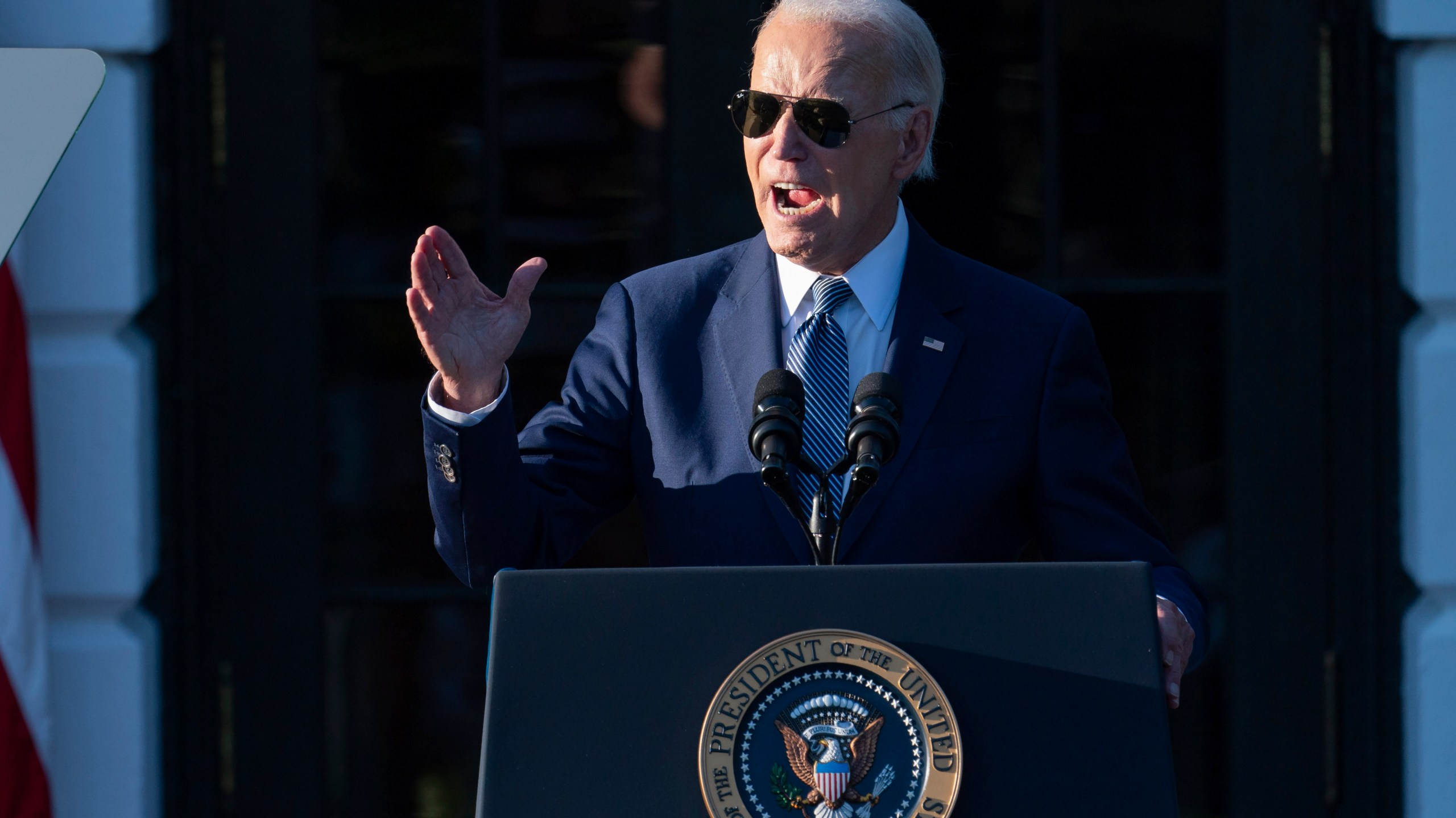 President Joe Biden speaks during the Violence Against Women Act 30th anniversary celebration on the South Lawn of the White House, Thursday, Sept. 12, 2024, in Washington. (AP Photo/Jose Luis Magana)