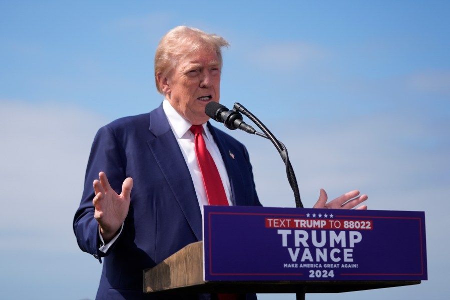 Republican presidential nominee former President Donald Trump speaks during a news conference held at Trump National Golf Club Los Angeles in Rancho Palos Verdes, Calif., Friday, Sept. 13, 2024. (AP Photo/Jae C. Hong)