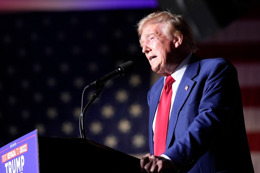 Republican presidential nominee former President Donald Trump speaks during a campaign event at the World Market Center, Friday, Sept.13, 2024, in Las Vegas. (AP Photo/Alex Brandon)