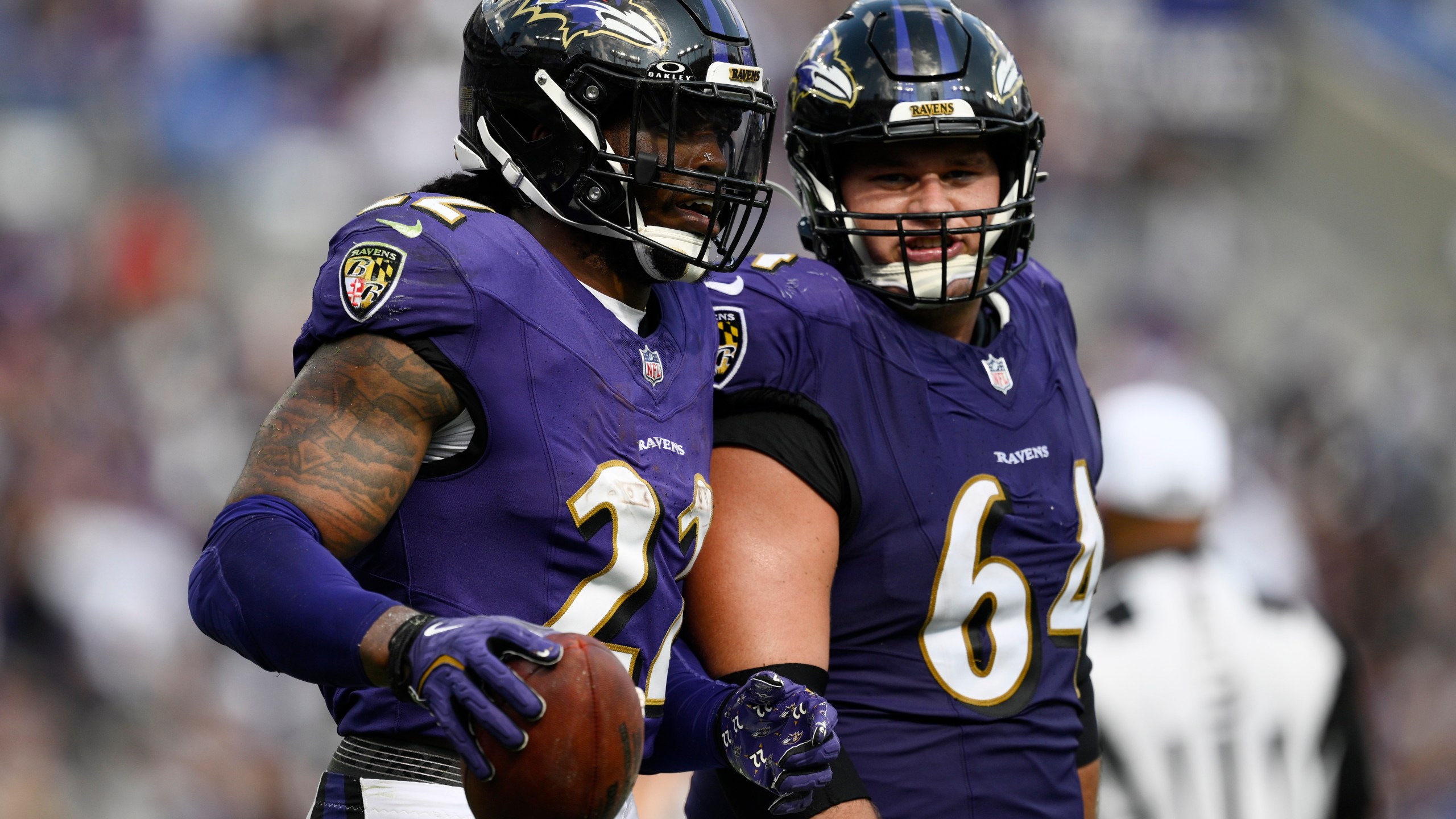 Baltimore Ravens running back Derrick Henry (22) celebrates after scoring a touchdown against the Las Vegas Raiders during the second half of an NFL football game, Sunday, Sept. 15, 2024, in Baltimore. (AP Photo/Nick Wass)