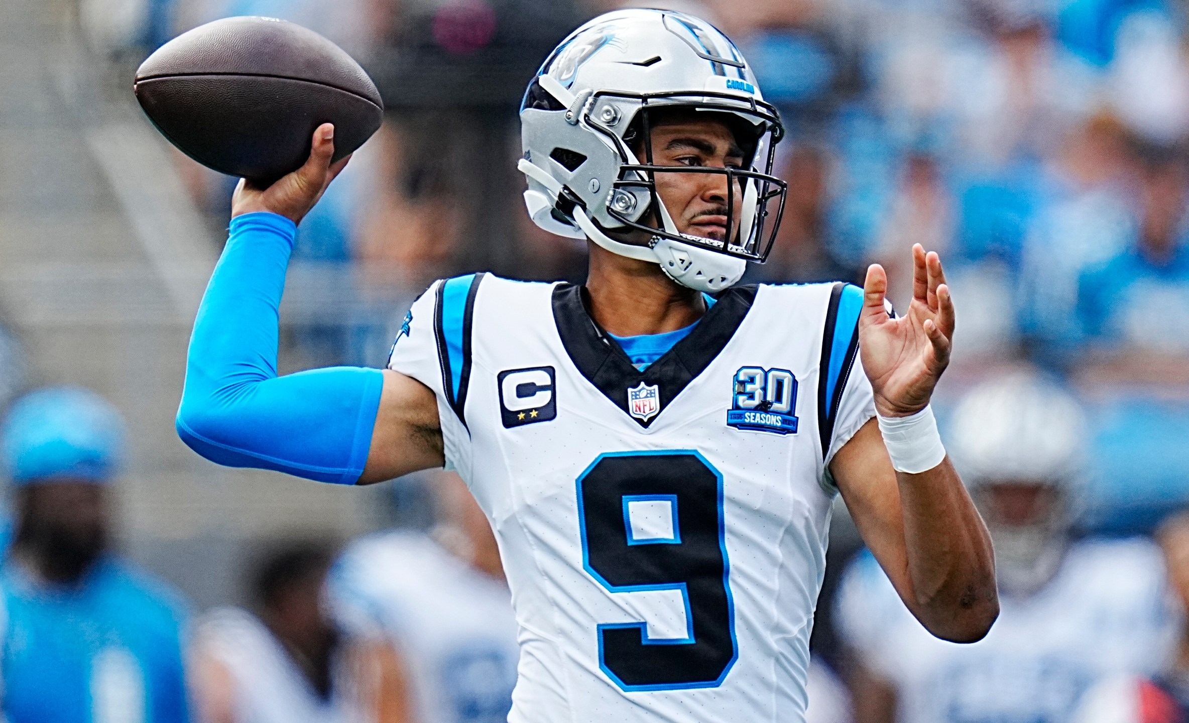 Carolina Panthers quarterback Bryce Young passes against the Los Angeles Chargers during the first half of an NFL football game on Sunday, Sept. 15, 2024, in Charlotte, N.C. (AP Photo/Rusty Jones)