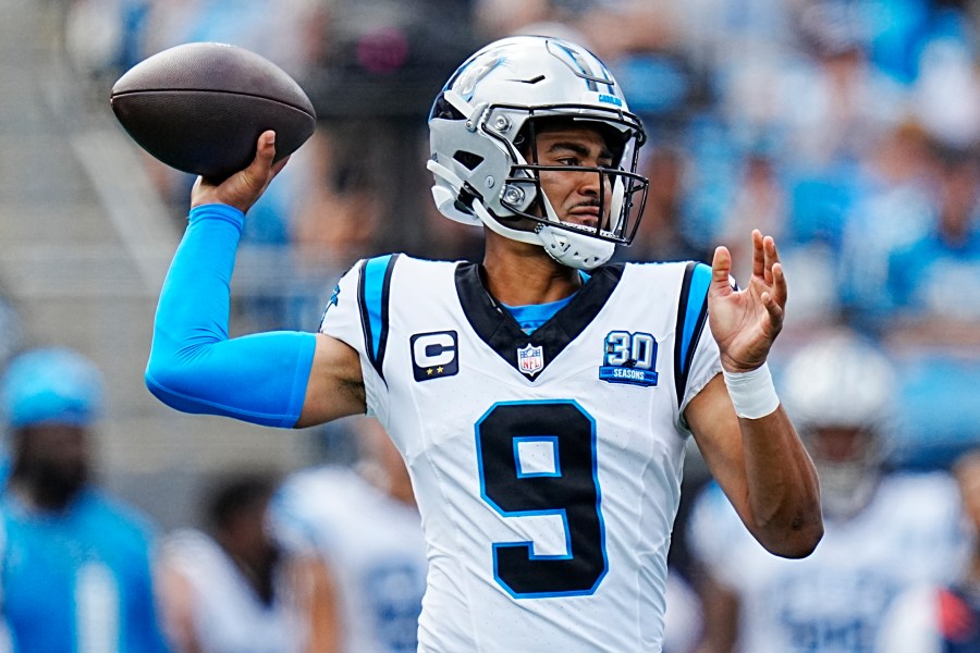 Carolina Panthers quarterback Bryce Young passes against the Los Angeles Chargers during the first half of an NFL football game on Sunday, Sept. 15, 2024, in Charlotte, N.C. (AP Photo/Rusty Jones)