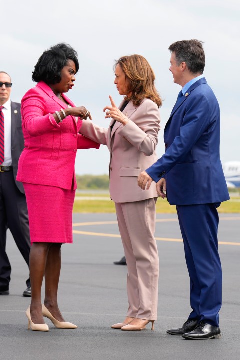 Democratic presidential nominee Vice President Kamala Harris, center, is greeted by Philadelphia Mayor Cherelle Lesley Parker, left, and Rep. Brendan Boyle, D-PA., right, on the tarmac at Atlantic Aviation Philadelphia, Monday, Sept. 9, 2024, near Philadelphia International Airport, in Philadelphia, Tuesday, Sept. 17, 2024. (AP Photo/Jacquelyn Martin)