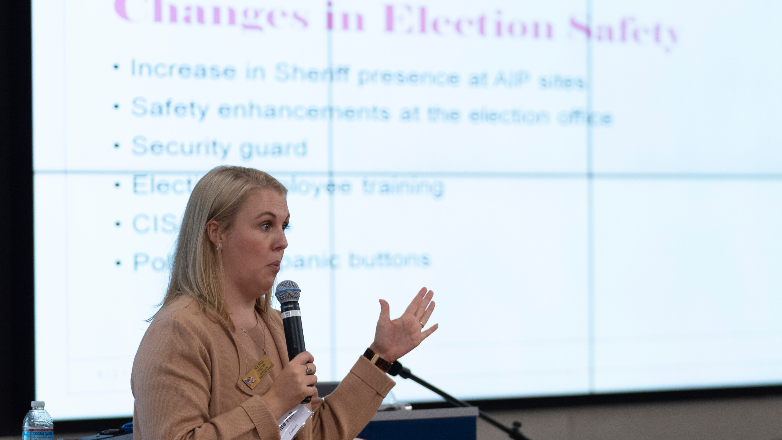 Tate Fall, director of Cobb County Elections, speaks during an election security training session at Cobb County Emergency Management headquarters Aug. 23, 2024, in Marietta. (AP Photo/John Bazemore)