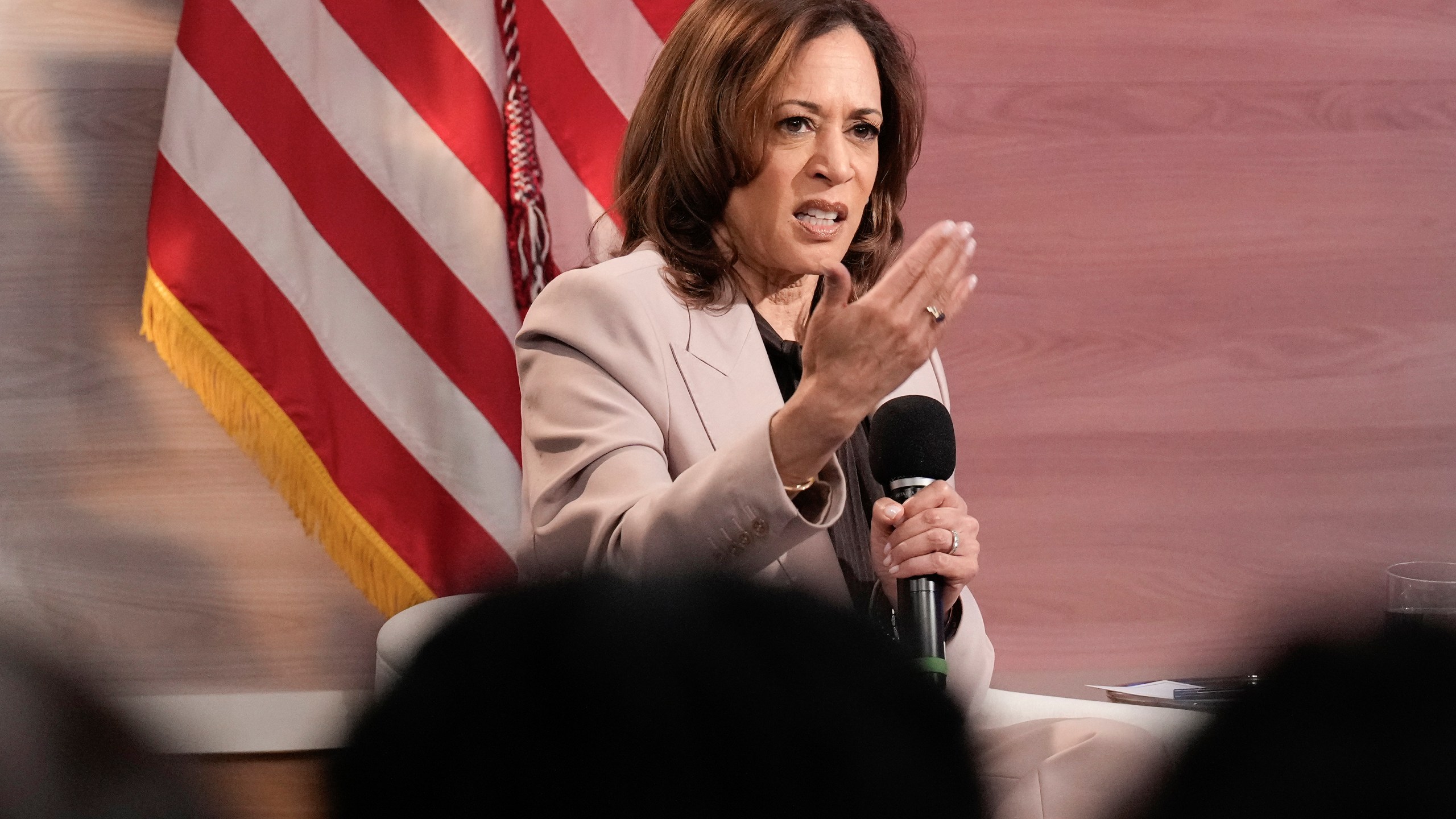 Democratic presidential nominee Vice President Kamala Harris is interviewed by members of the National Association of Black Journalists at the WHYY studio in Philadelphia, Tuesday, Sept. 17, 2024. (AP Photo/Jacquelyn Martin)