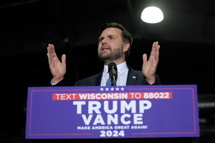 Republican vice presidential nominee Sen. JD Vance, R-Ohio, speaks at a campaign event, Tuesday, Sept. 17, 2024 in Eau Claire, Wis. (AP Photo/Abbie Parr)