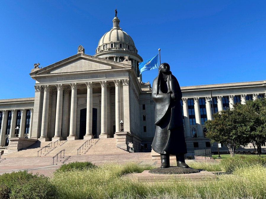 The Oklahoma State Election Board Office inside the state Capitol in Oklahoma City, was one of at least five states in the U.S. which election officials received suspicious packages on Monday, Sept. 16, 2024. (AP Photo/Sean Murphy)