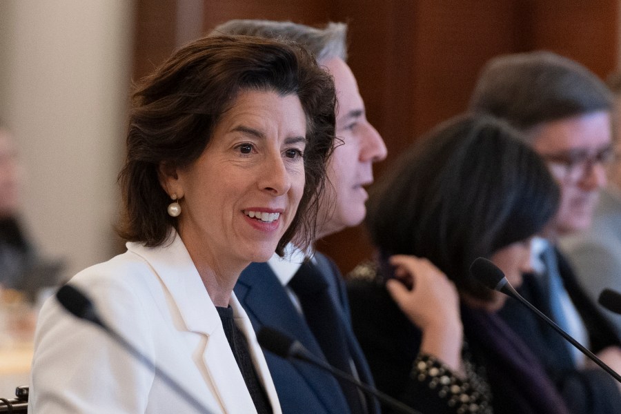 FILE - Secretary of Commerce Gina Raimondo, left, and Secretary of State Antony Blinken, attend the U.S.-EU Trade and Technology Council Ministerial Meeting at the State Department, Jan. 30, 2024, in Washington. (AP Photo/Manuel Balce Ceneta, File)