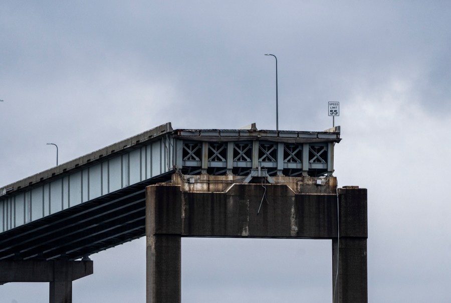 FILE - A section of the damaged and collapsed Francis Scott Key Bridge is seen, in the Baltimore port, Monday, April 1, 2024. (Kaitlin Newman/The Baltimore Banner via AP, file)