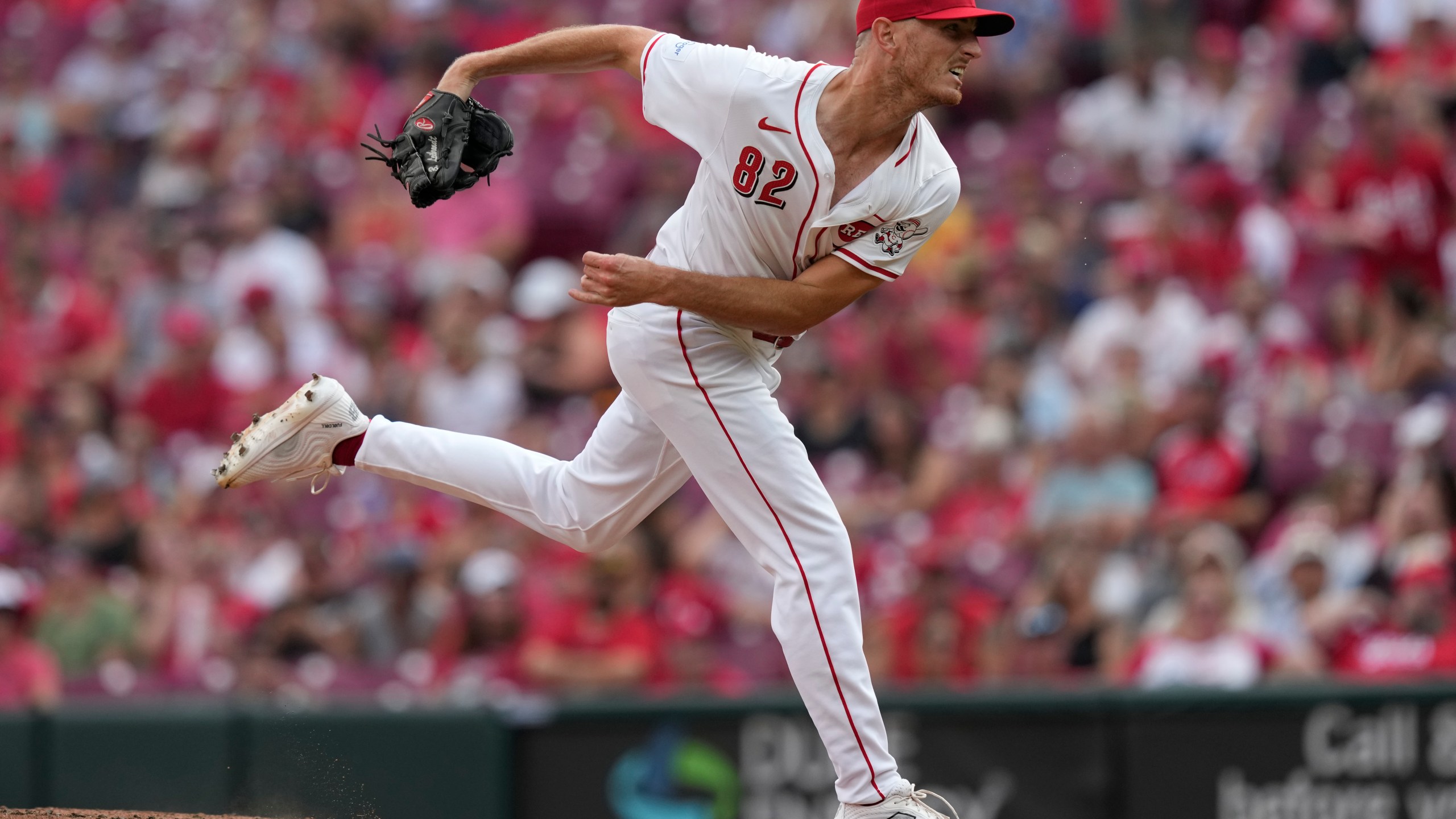 FILE - Cincinnati Reds pitcher Brandon Leibrandt follows through on a pitch during the fifth inning of a baseball game against the Oakland Athletics, Thursday, Aug. 29, 2024, in Cincinnati. (AP Photo/Carolyn Kaster, File)