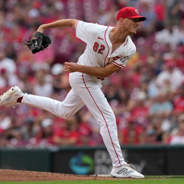 FILE - Cincinnati Reds pitcher Brandon Leibrandt follows through on a pitch during the fifth inning of a baseball game against the Oakland Athletics, Thursday, Aug. 29, 2024, in Cincinnati. (AP Photo/Carolyn Kaster, File)