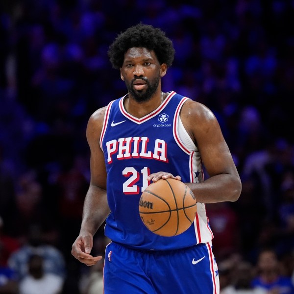 FILE - Philadelphia 76ers' Joel Embiid plays during Game 6 in an NBA basketball first-round playoff series, Thursday, May 2, 2024, in Philadelphia. (AP Photo/Matt Slocum, File)